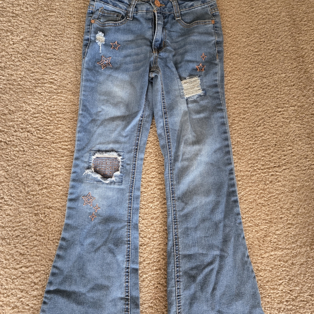 Stylish Blue Distressed Girls Flare Jeans
